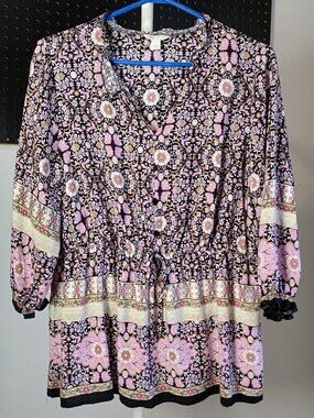 Cato LONG SLEEVE TOP Size L floral 100% Rayon floral cottage country